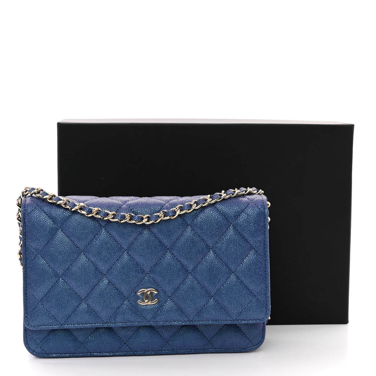 Iridescent Caviar Quilted Wallet on Chain WOC Dark Blue