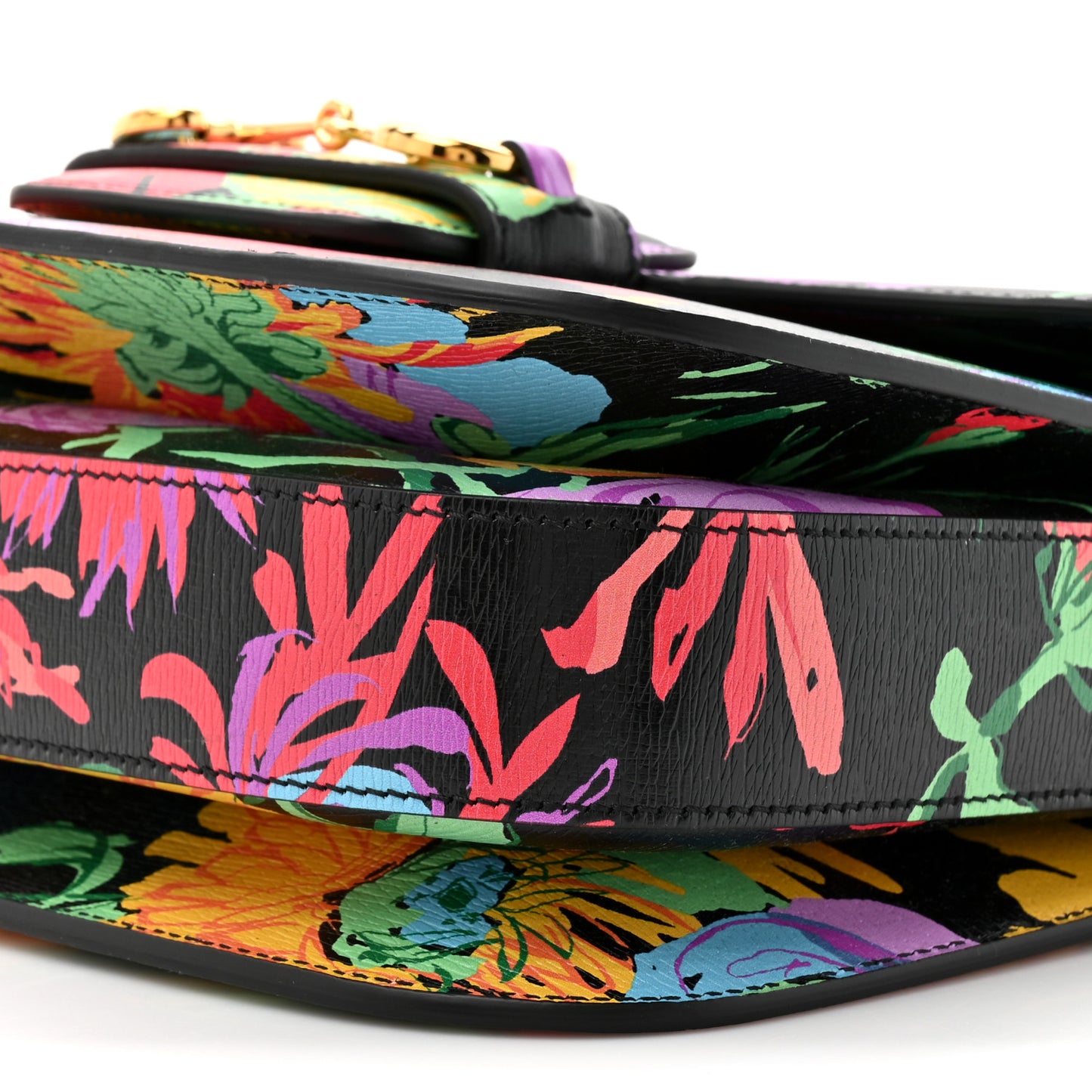 X KEN SCOTT New Shangai Calfskin Jenny Floral Print Horsebit 1955 Shoulder Bag Black Pink