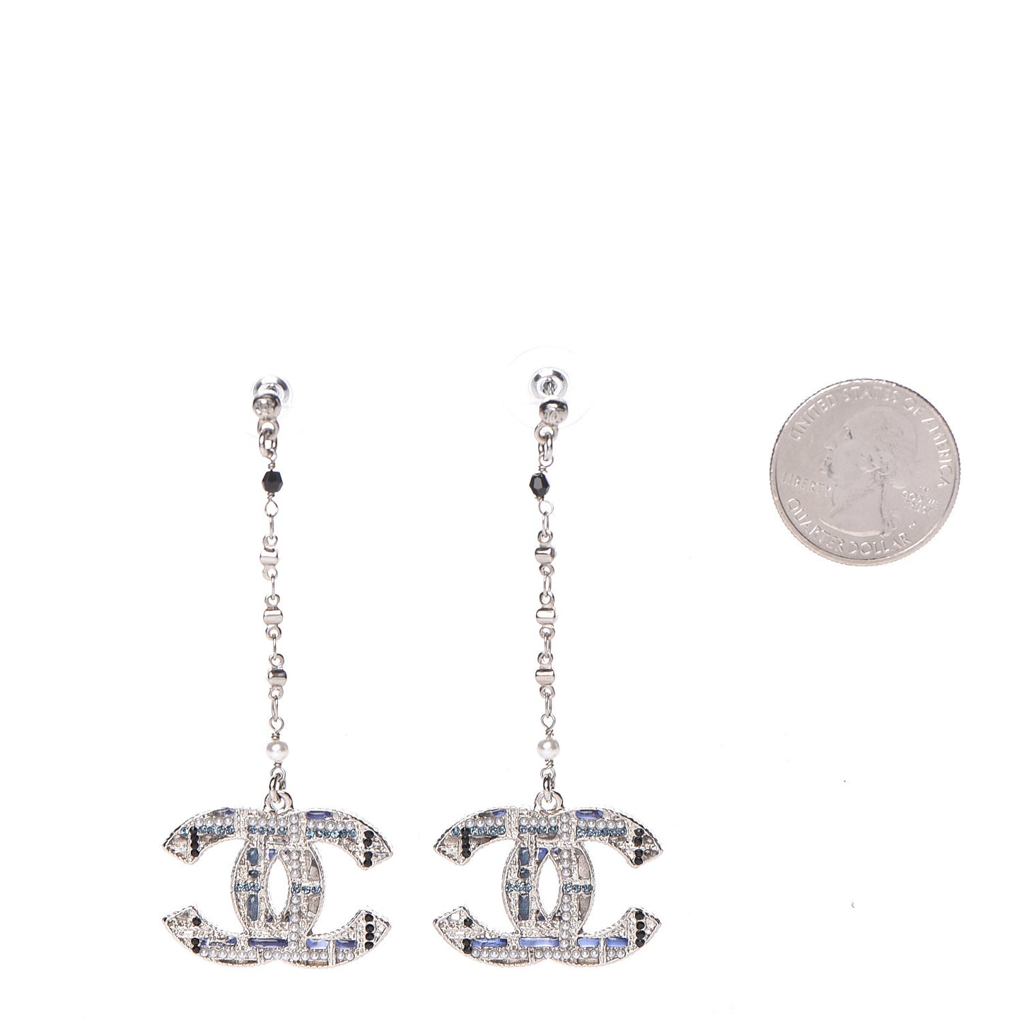 Pearl Crystal CC Tweed Drop Earrings Silver Blue Black
