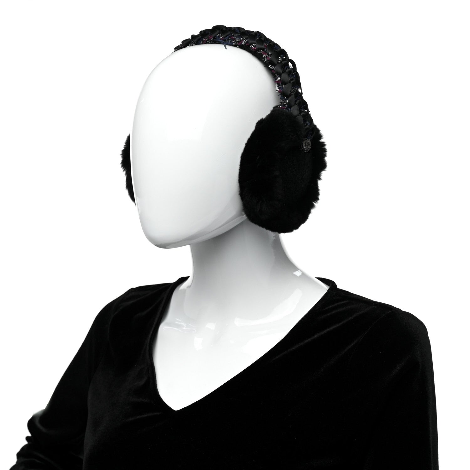 Chanel Rabbit Fur Tweed CC Earmuffs Black 2 of 6