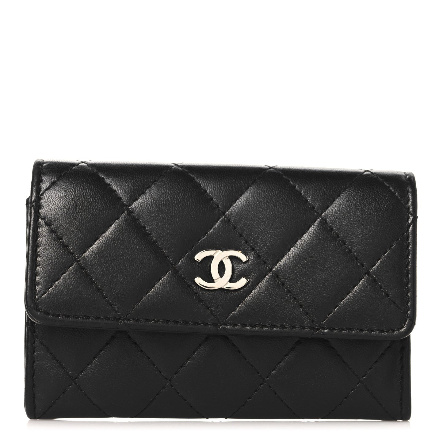 Lambskin Quilted Flap Card Holder Black
