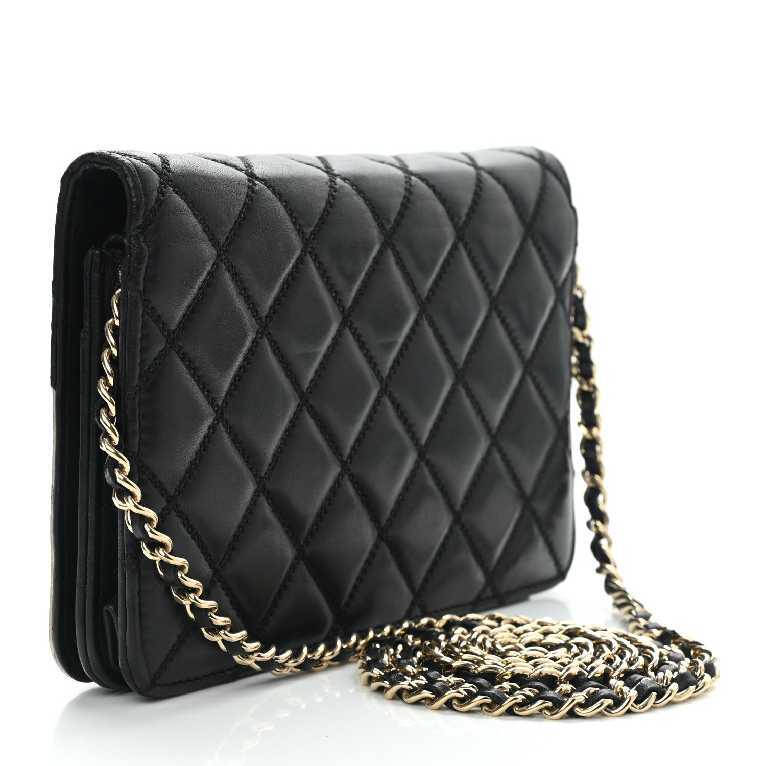 Chanel Lambskin Quilted Wallet On Chain WOC Beige Black 3 of 9
