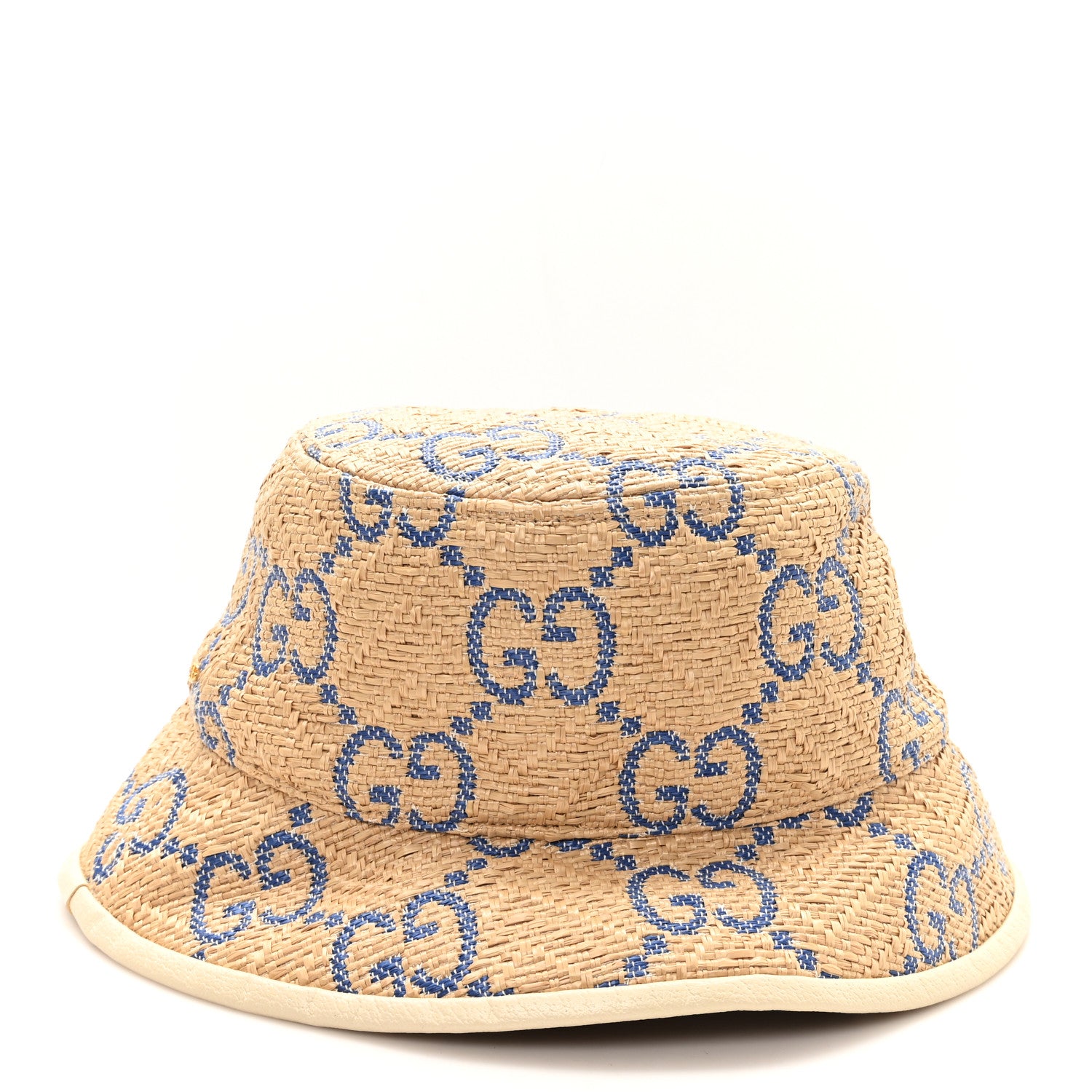 Gucci Raffia GG Monogram Embroidered Fedora Hat M Beige Blue 4 of 9