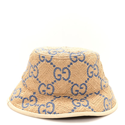 Gucci Raffia GG Monogram Embroidered Fedora Hat M Beige Blue 4 of 9