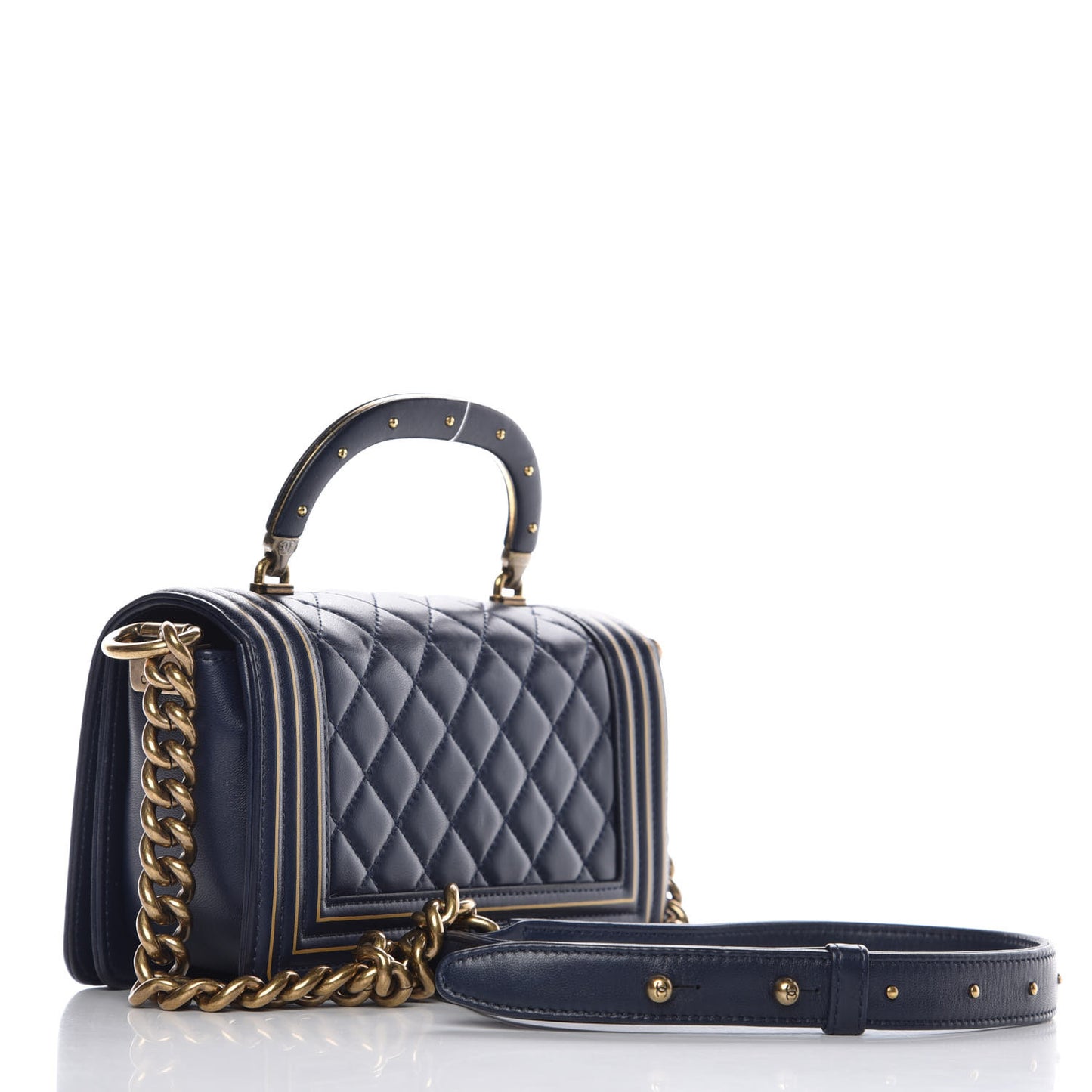 Lambskin Quilted Small Boy Studded Handle Flap Blue Gold