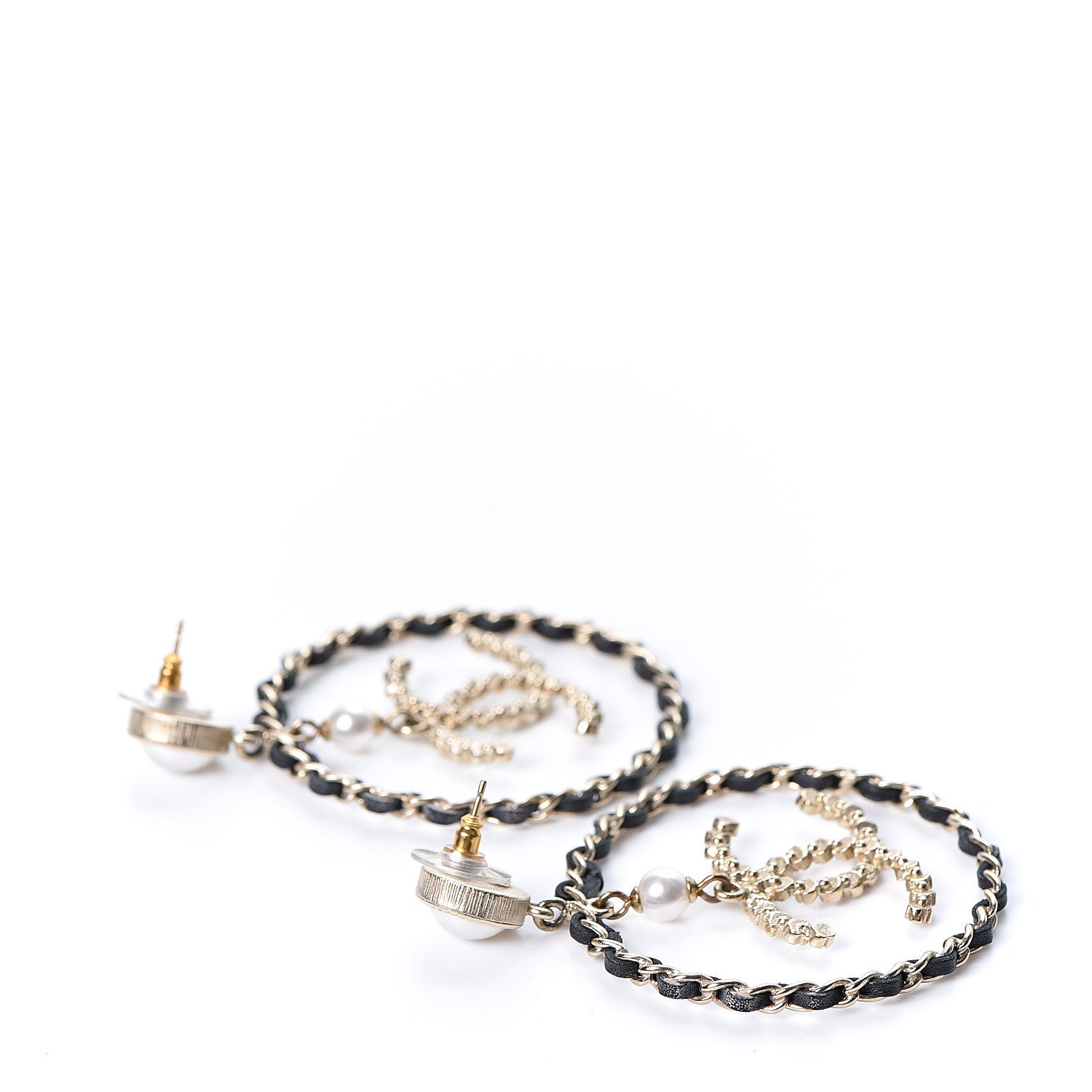 Chanel Lambskin Crystal Pearl CC Chain Hoop Earrings Gold Black 3 of 5