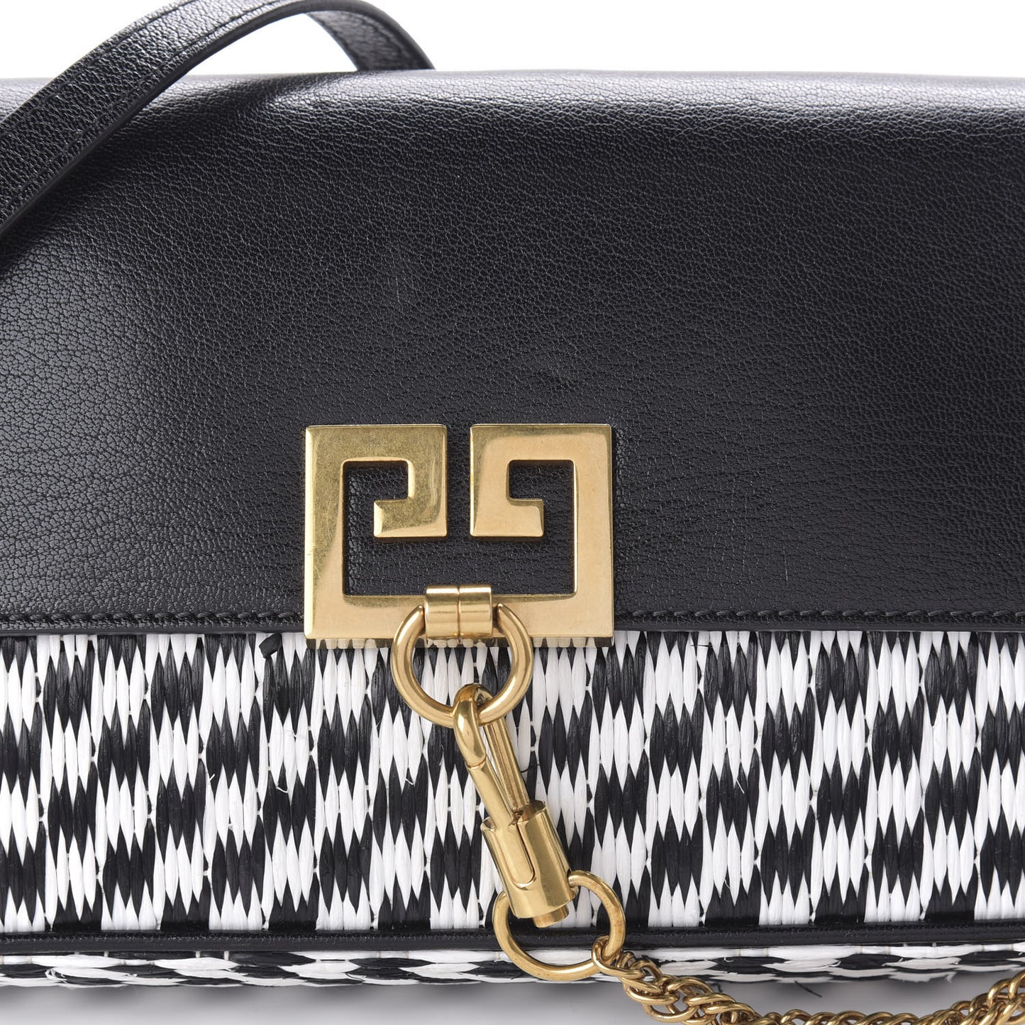Straw Calfskin Charm Shoulder Bag Black White