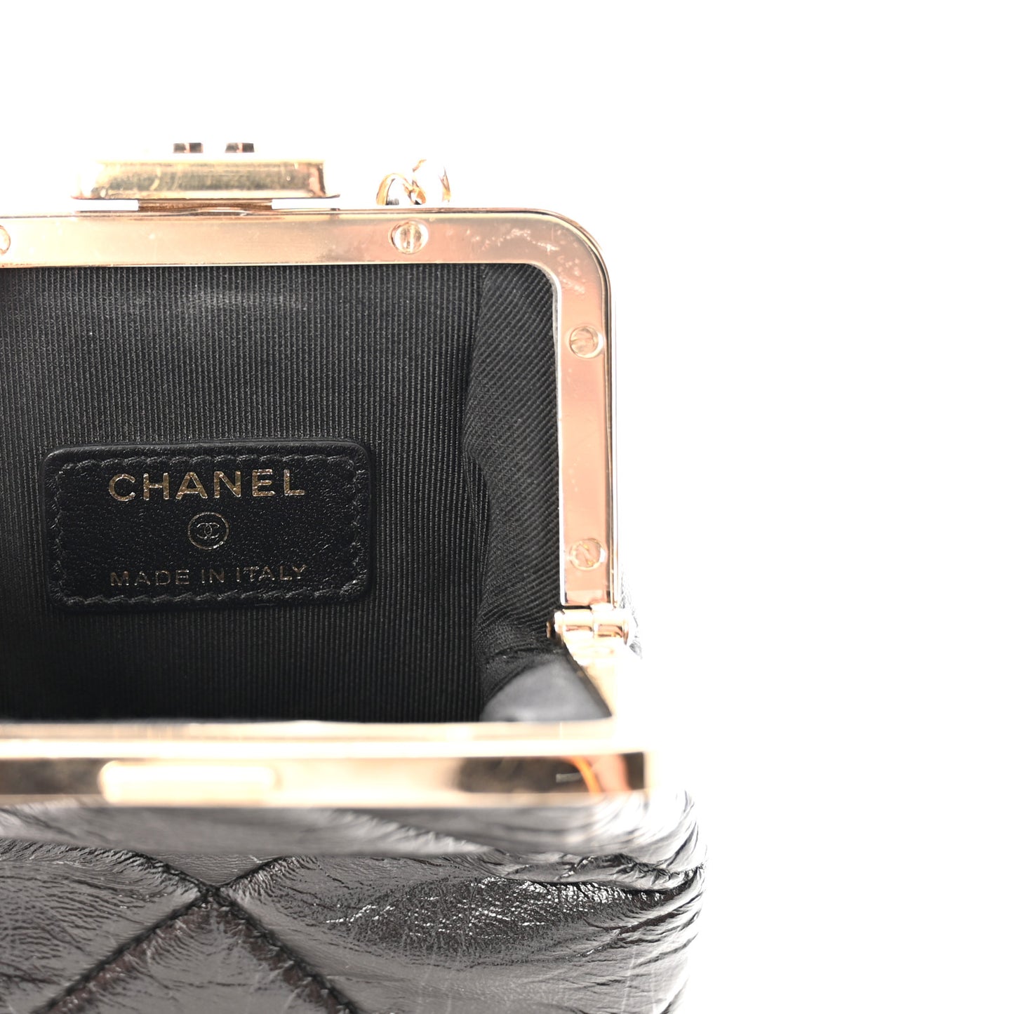 Shiny Aged Lambskin Quilted Kiss Lock Clutch With Chain Black