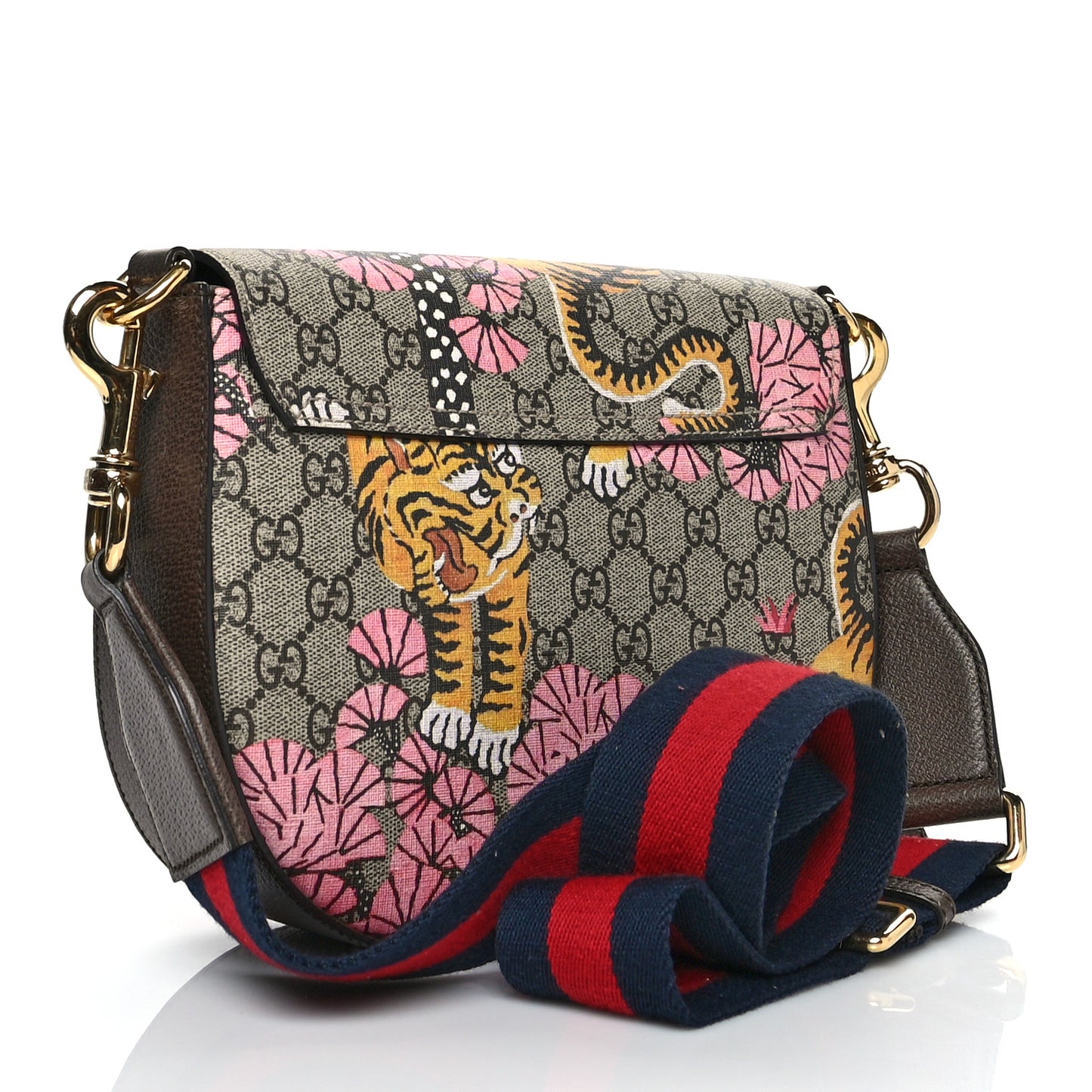 GG Supreme Monogram Bengal Web Medium Padlock Messenger Shoulder Bag Beige Pink