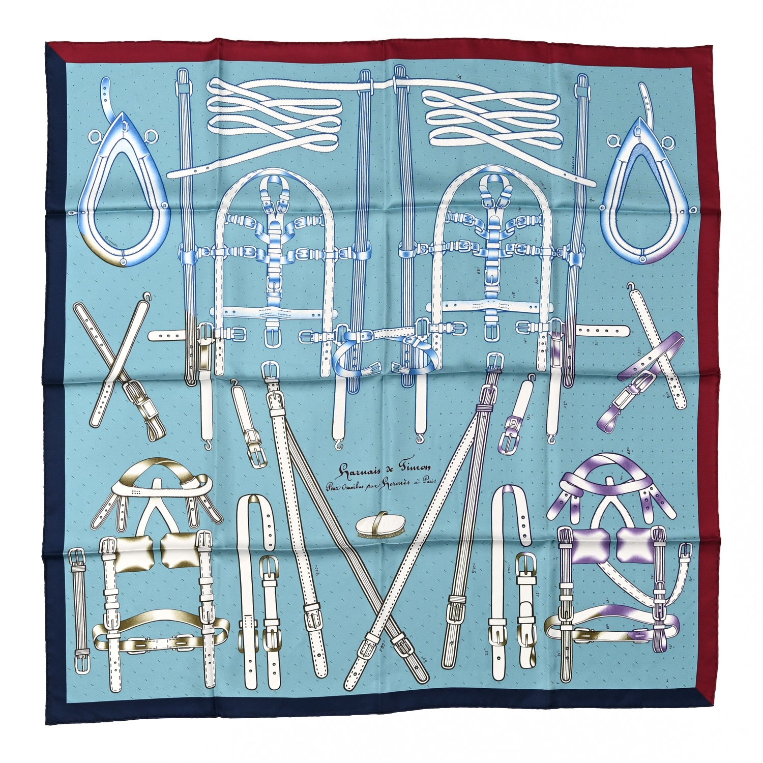 Hermes Silk Harnais De Timon Scarf 90 Bleu Glacier Bordeaux 1 of 5