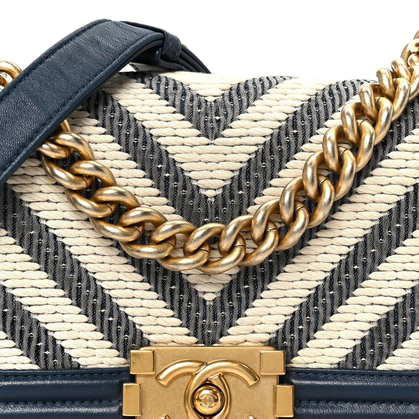 Fabric Chevron Braided Small Boy Flap Blue Ivory Blue Ivory