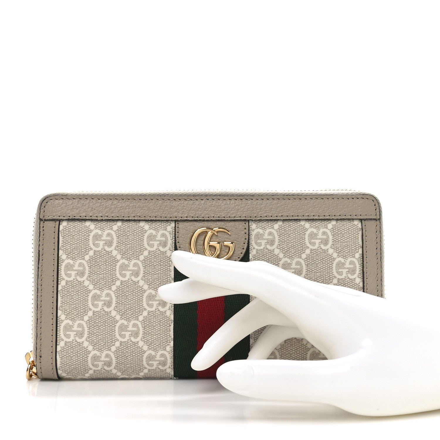 Gucci GG Supreme Monogram Textured Dollar Calfskin Web Ophidia Zip Around Wallet Beige Mystic White Oatmeal 2 of 8