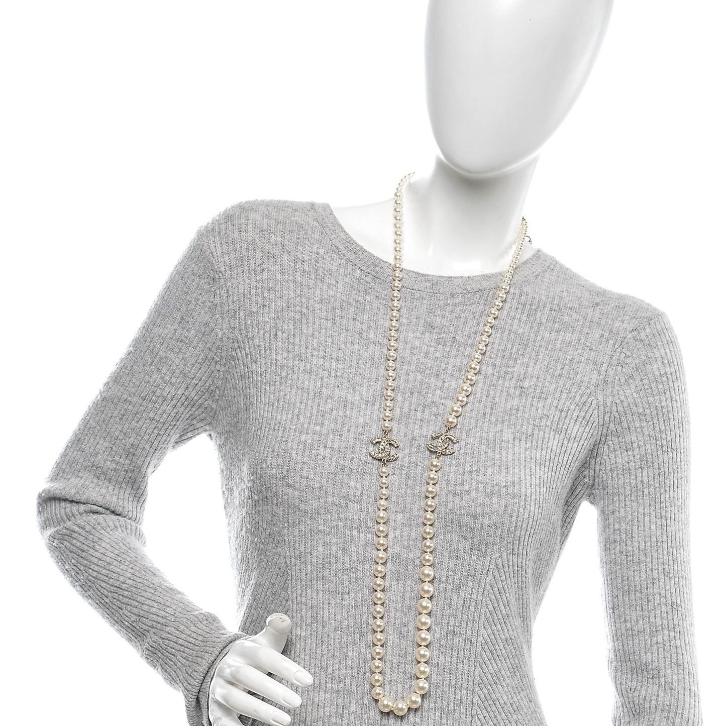Graduated Pearl Crystal CC Long Necklace Gold