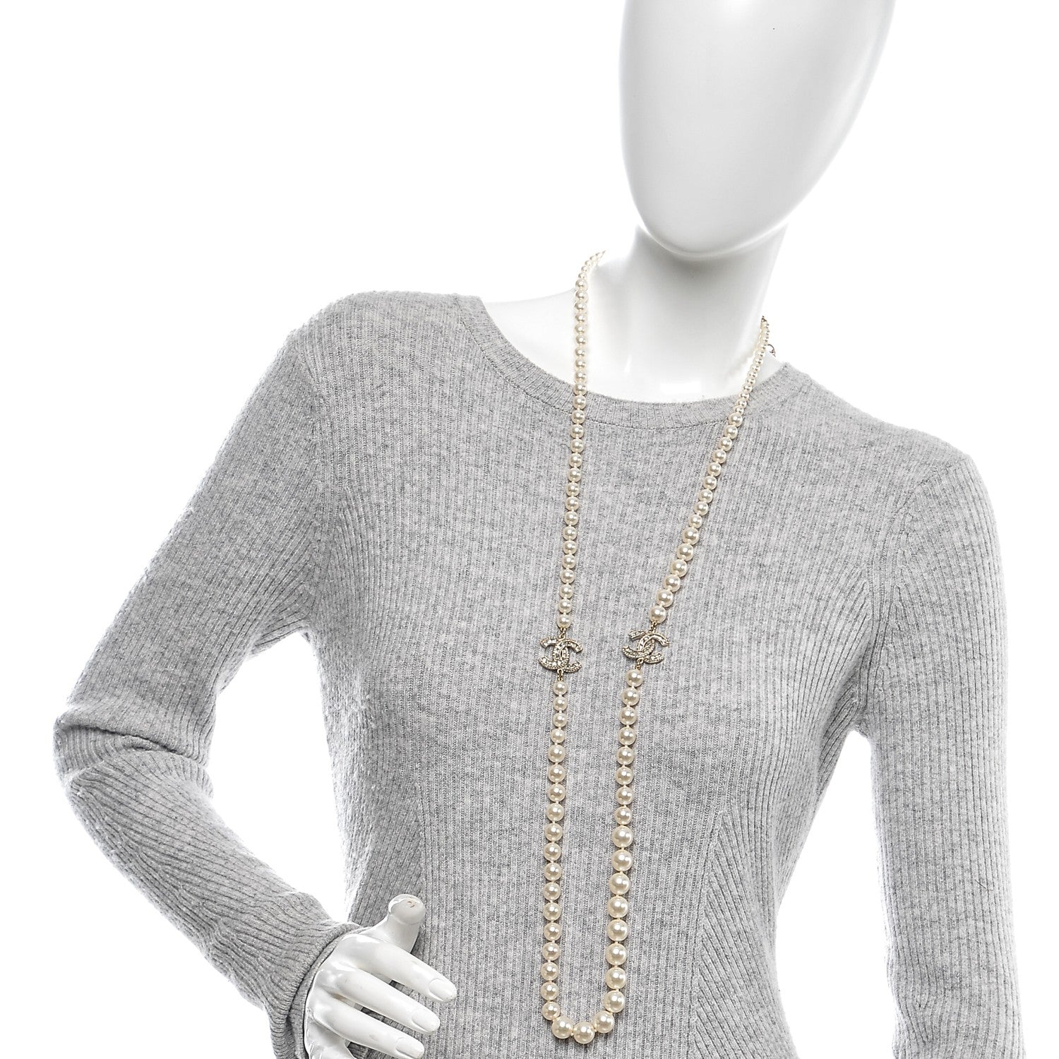 Chanel Graduated Pearl Crystal CC Long Necklace Gold 2 of 6