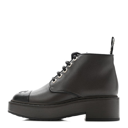 Chanel Goatskin Pearl Lace Up CC Short Boots 38.5 Brown Black 1 of 8