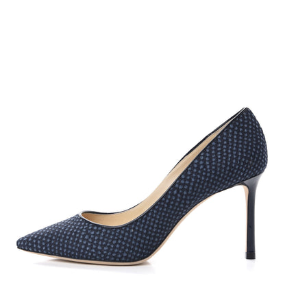 Jimmy Choo Denim Python Printed Pointy Toe Romy 85 Pumps 38.5 Navy 1 of 11