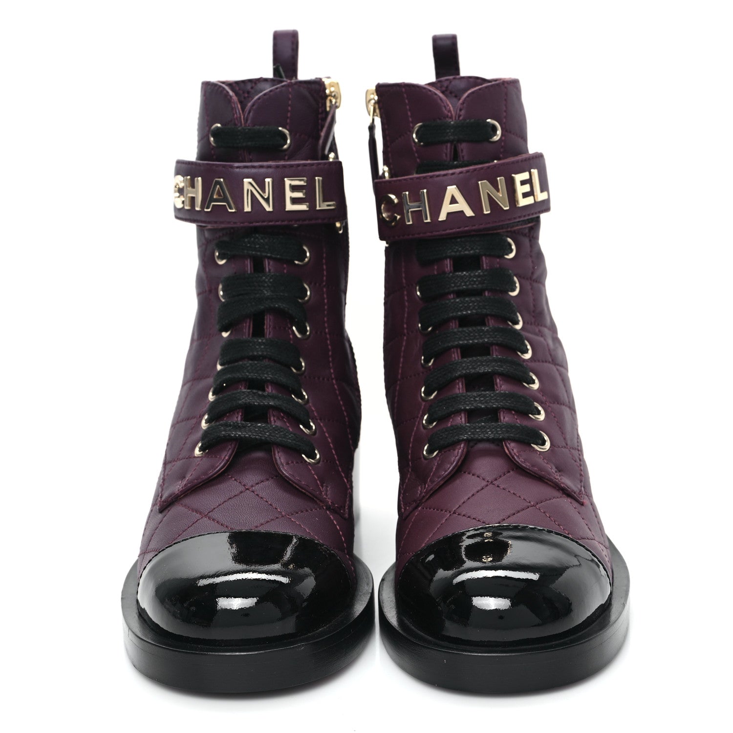 Chanel Lambskin Patent Calfskin Quilted Logo Lace Up Combat Boots 36 Burgundy Black 4 of 9