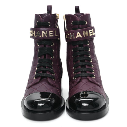 Chanel Lambskin Patent Calfskin Quilted Logo Lace Up Combat Boots 36 Burgundy Black 4 of 9