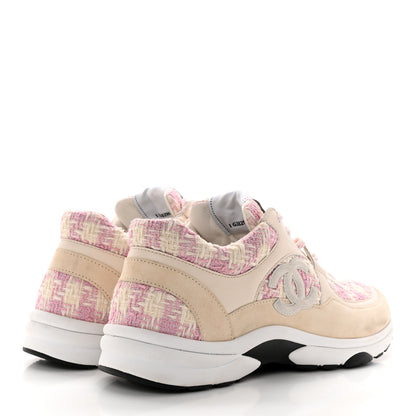 Chanel Tweed Suede Calfskin Womens CC Sneakers 40 Pink Ecru 4 of 10