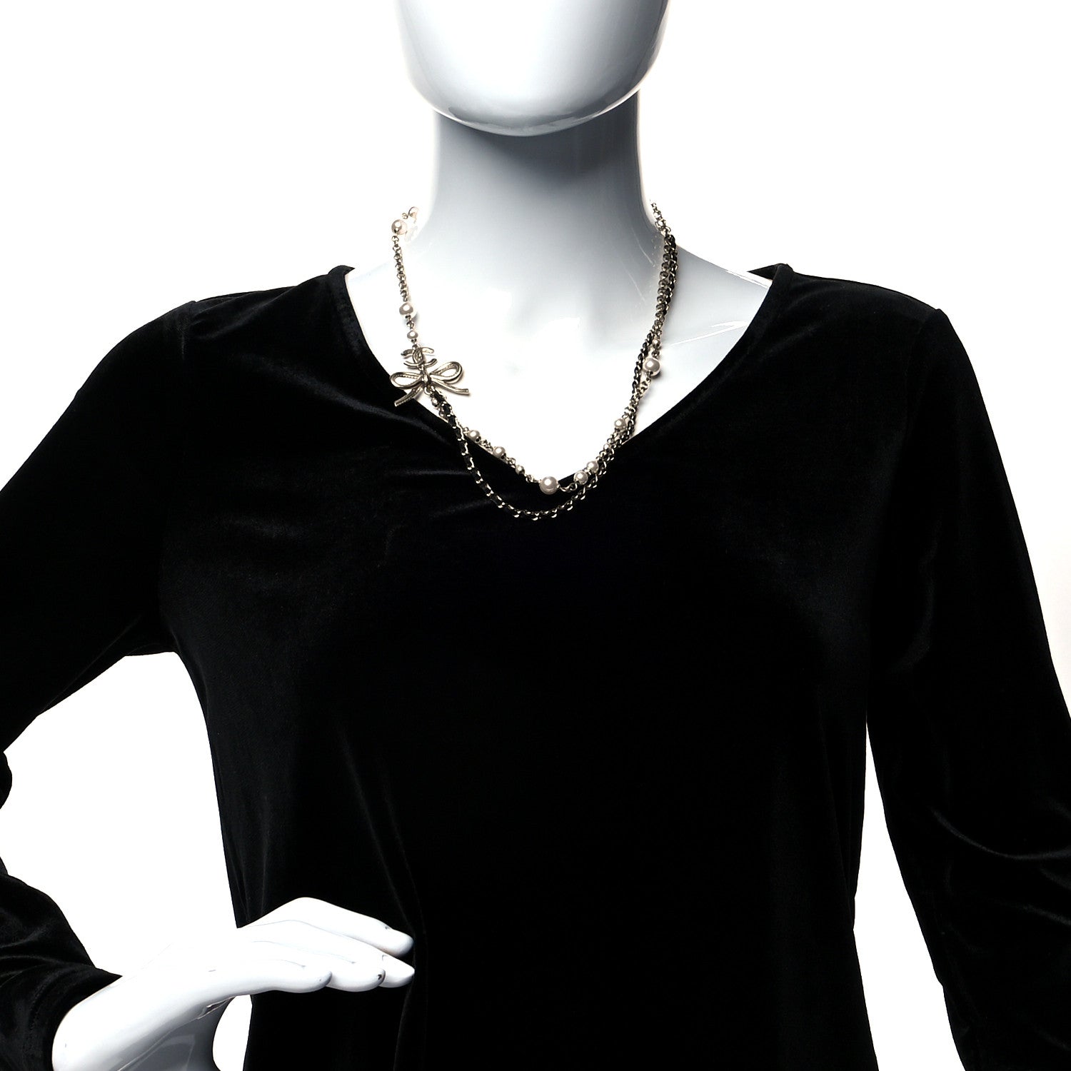 Chanel Calfskin Pearl Metal CC Bow Necklace Gold White Black 2 of 5