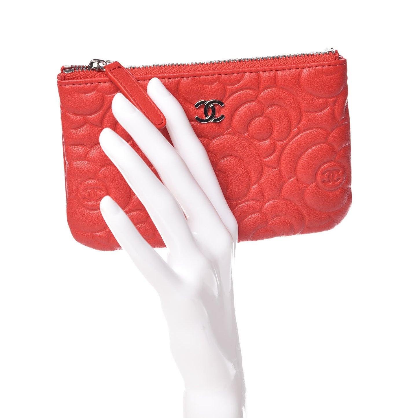 Goatskin Camellia Embossed Cosmetic Pouch Red