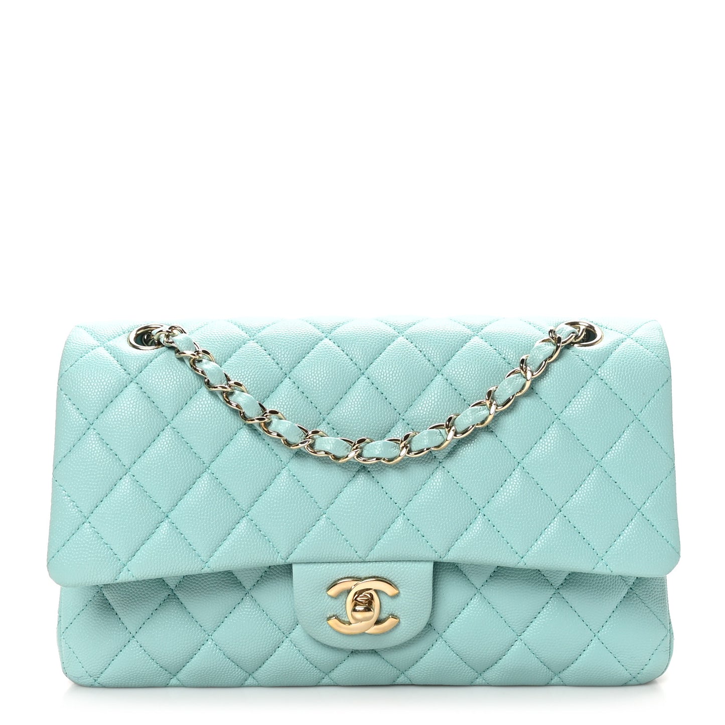 Caviar Quilted Medium Double Flap Light Blue