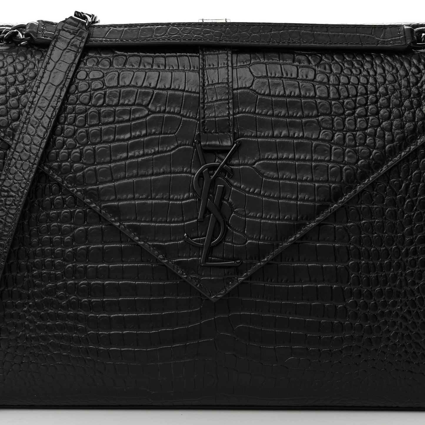 Calfskin Crocodile Embossed Monogram Large Satchel Black