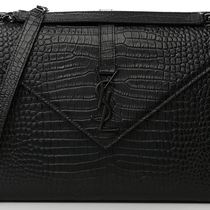 Saint Laurent Calfskin Crocodile Embossed Monogram Large Satchel Black 8 of 16