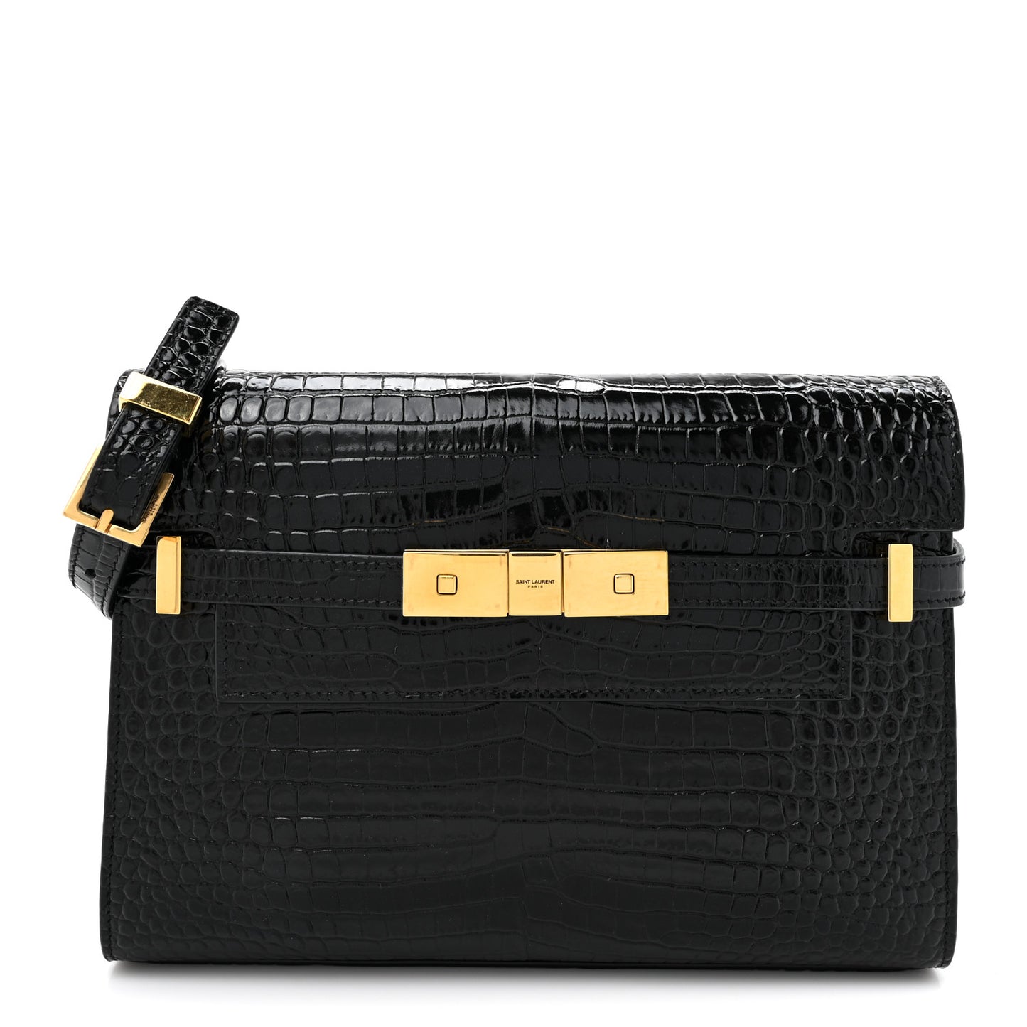 Shiny Calfskin Crocodile Embossed Manhattan Baguette Black