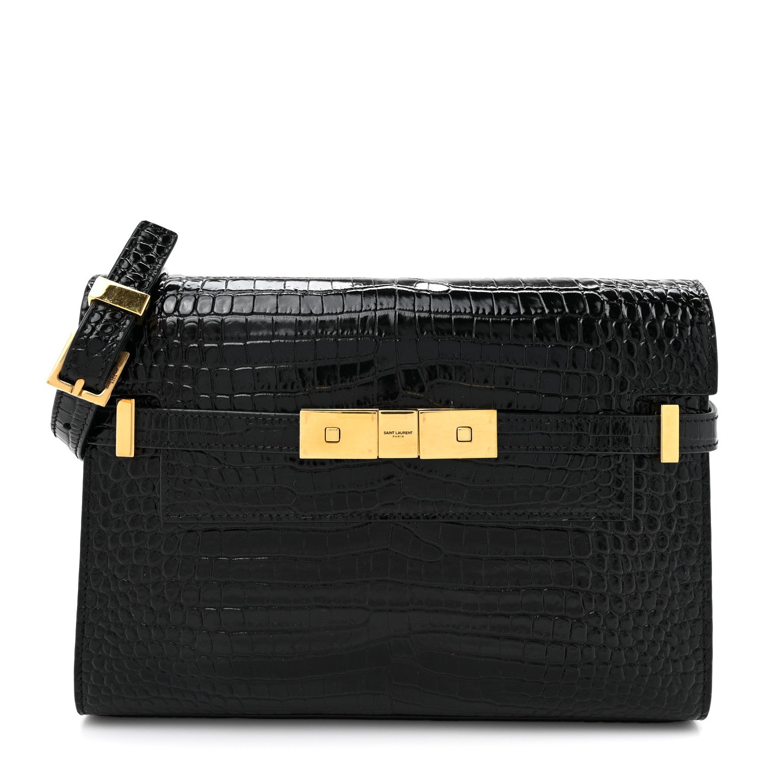 Saint Laurent Shiny Calfskin Crocodile Embossed Manhattan Baguette Black 1 of 11