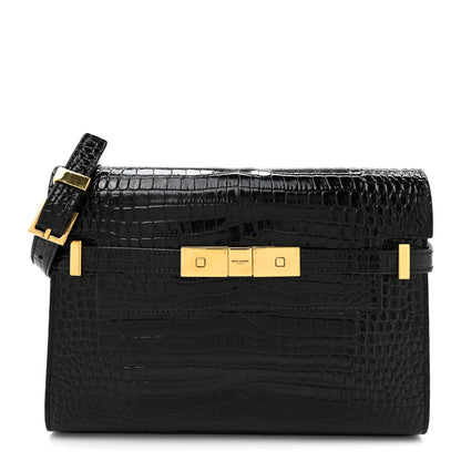 Saint Laurent Shiny Calfskin Crocodile Embossed Manhattan Baguette Black 1 of 11