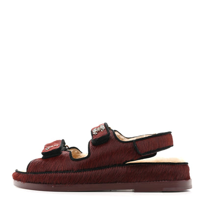 Chanel Calf Hair Suede Shearling Dad Sandals 36 Burgundy Black 1 of 10
