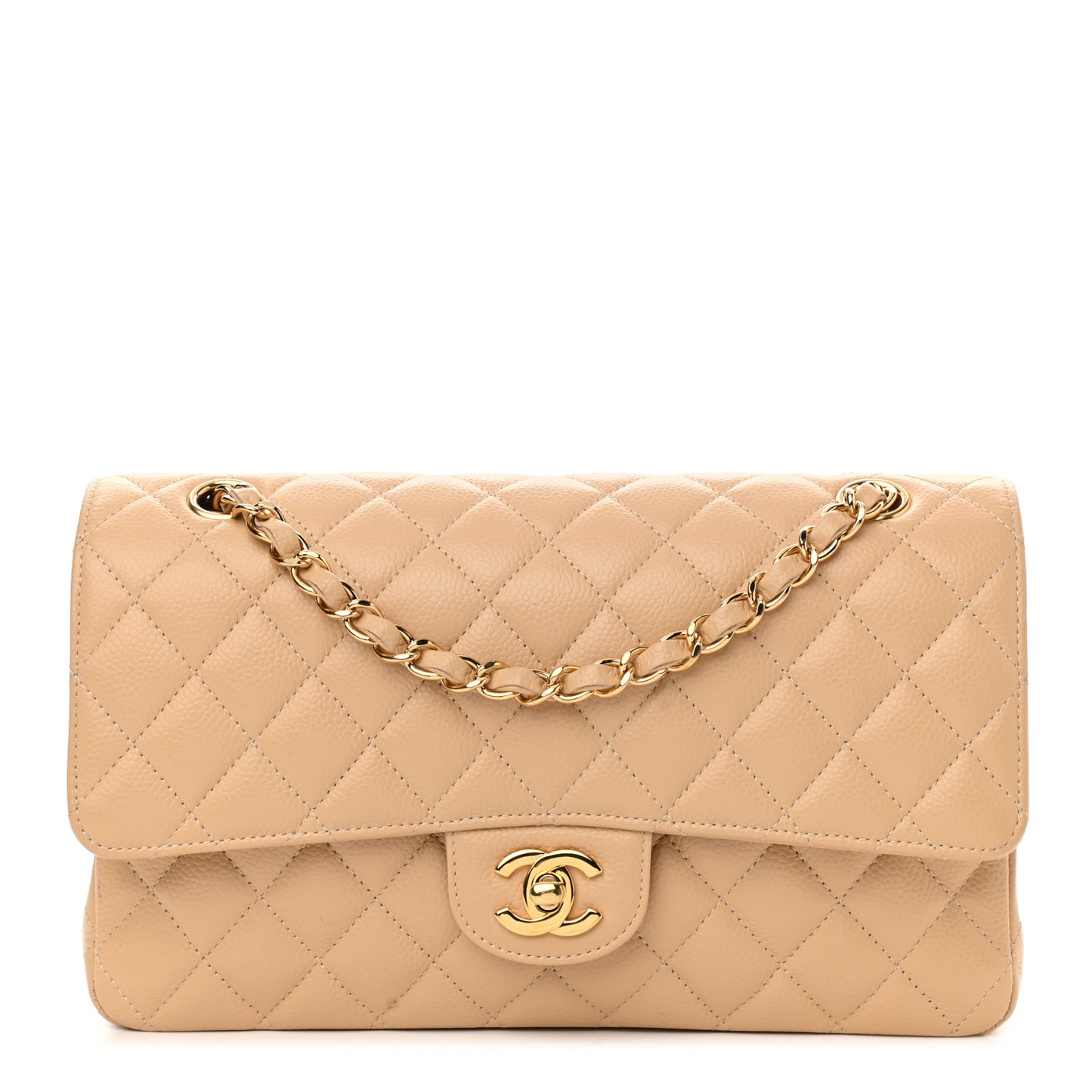 Caviar Quilted Medium Double Flap Beige