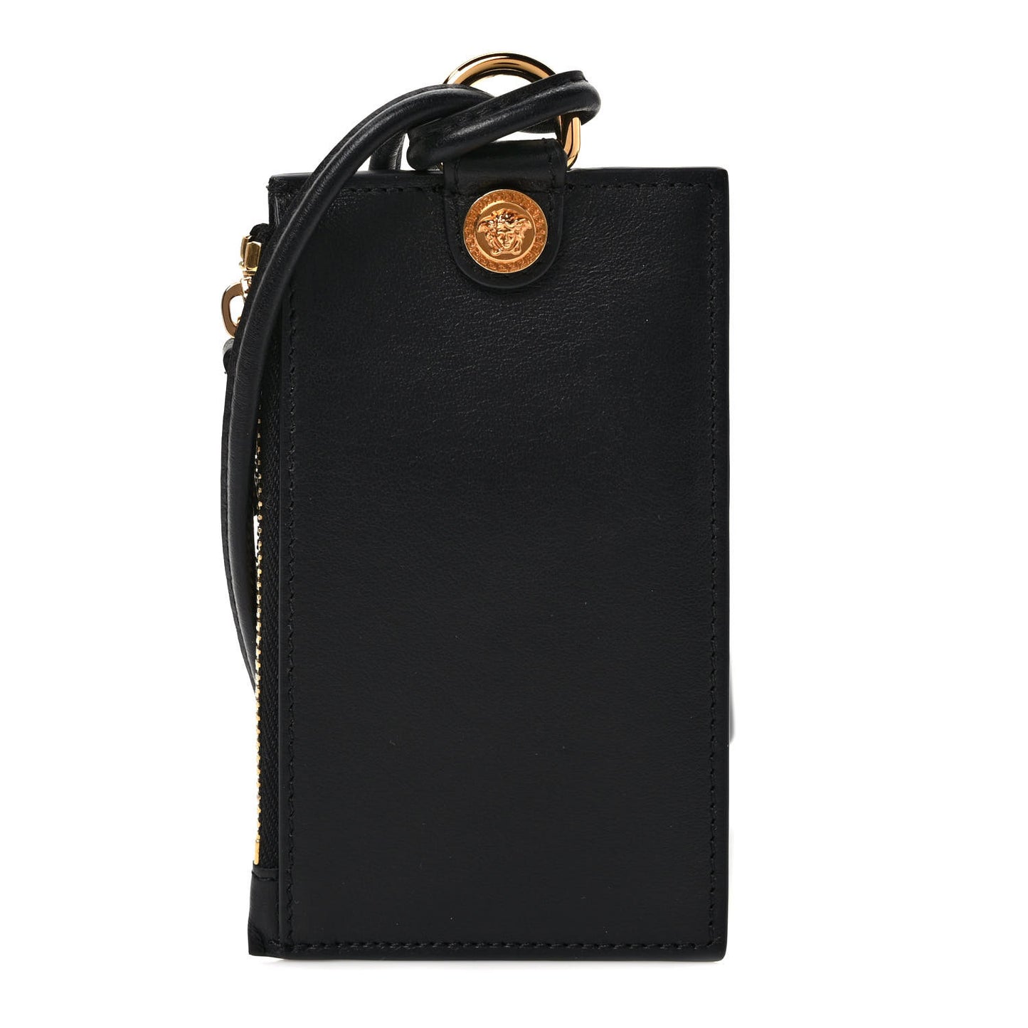 Calfskin Medusa Lanyard Zip Pouch Card Holder Black