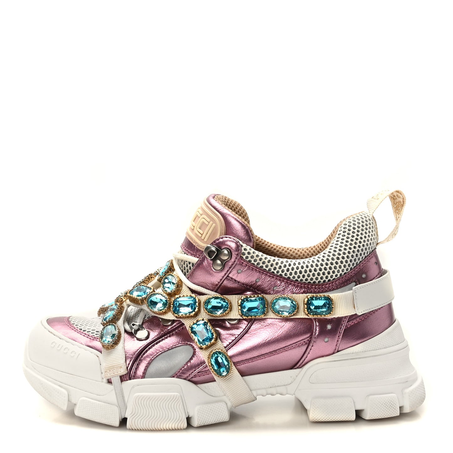 X SEGA Metallic Calfskin Mesh Removable Crystals Womens Flashtrek Sneakers 40.5 Rosa Great 40.5 White Silver