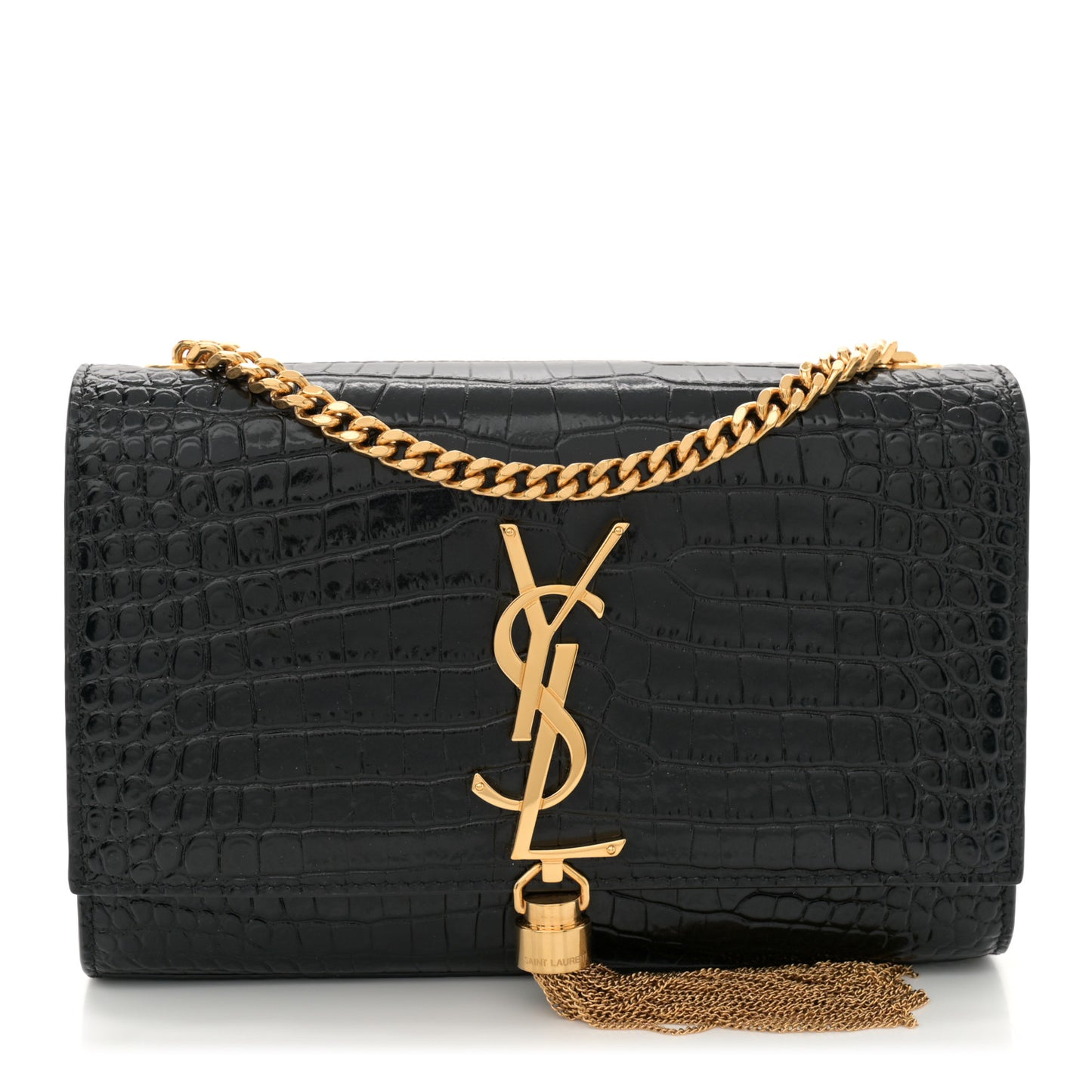 Calfskin Crocodile Embossed Small Classic Monogram Kate Tassel Satchel Black