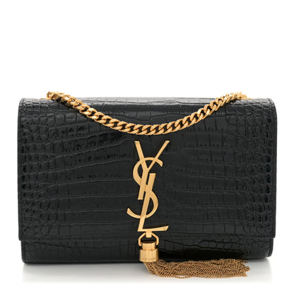 Saint Laurent Calfskin Crocodile Embossed Small Classic Monogram Kate Tassel Satchel Black 1 of 10