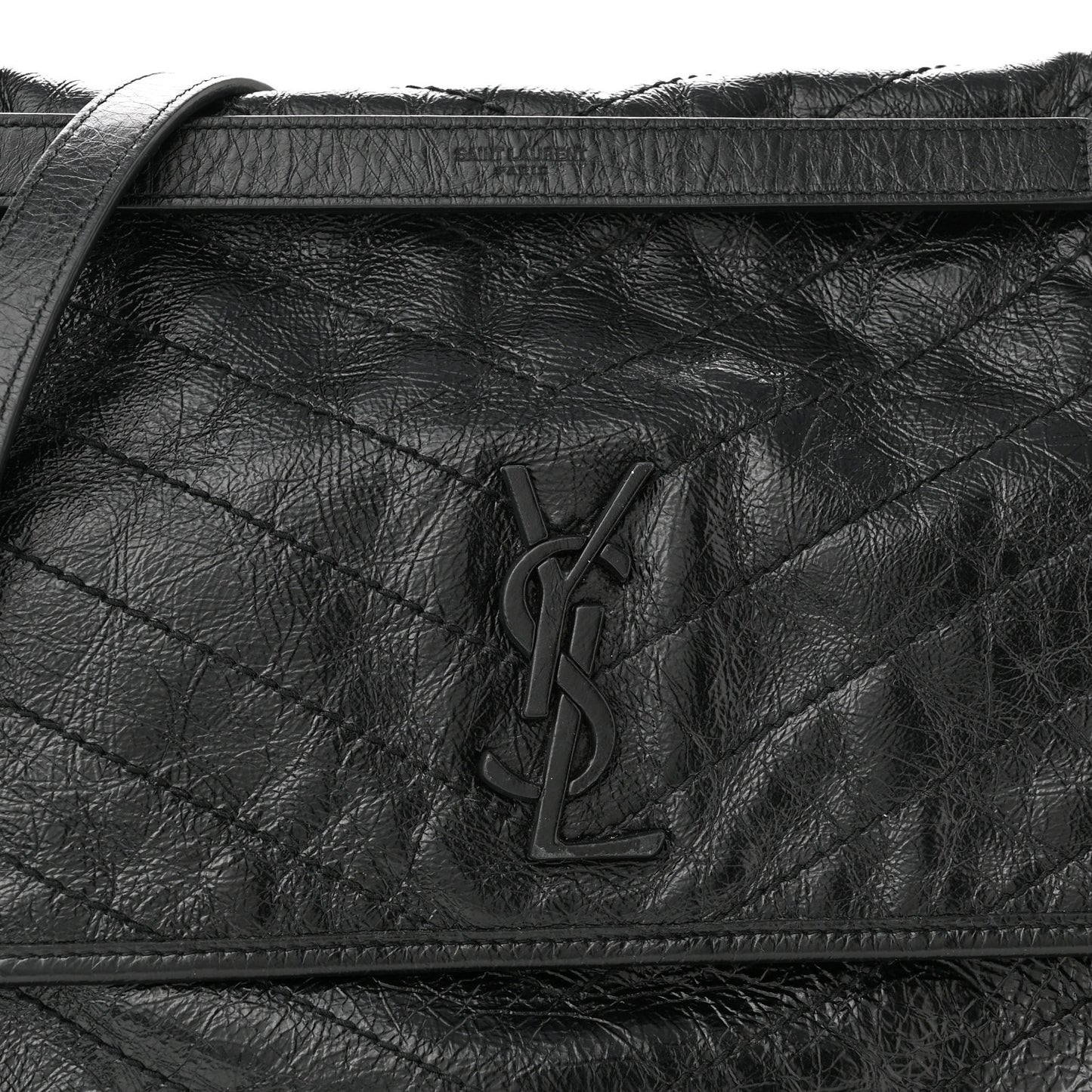 Crinkled Calfskin Matelasse Monogram Large Niki Chain Satchel Black