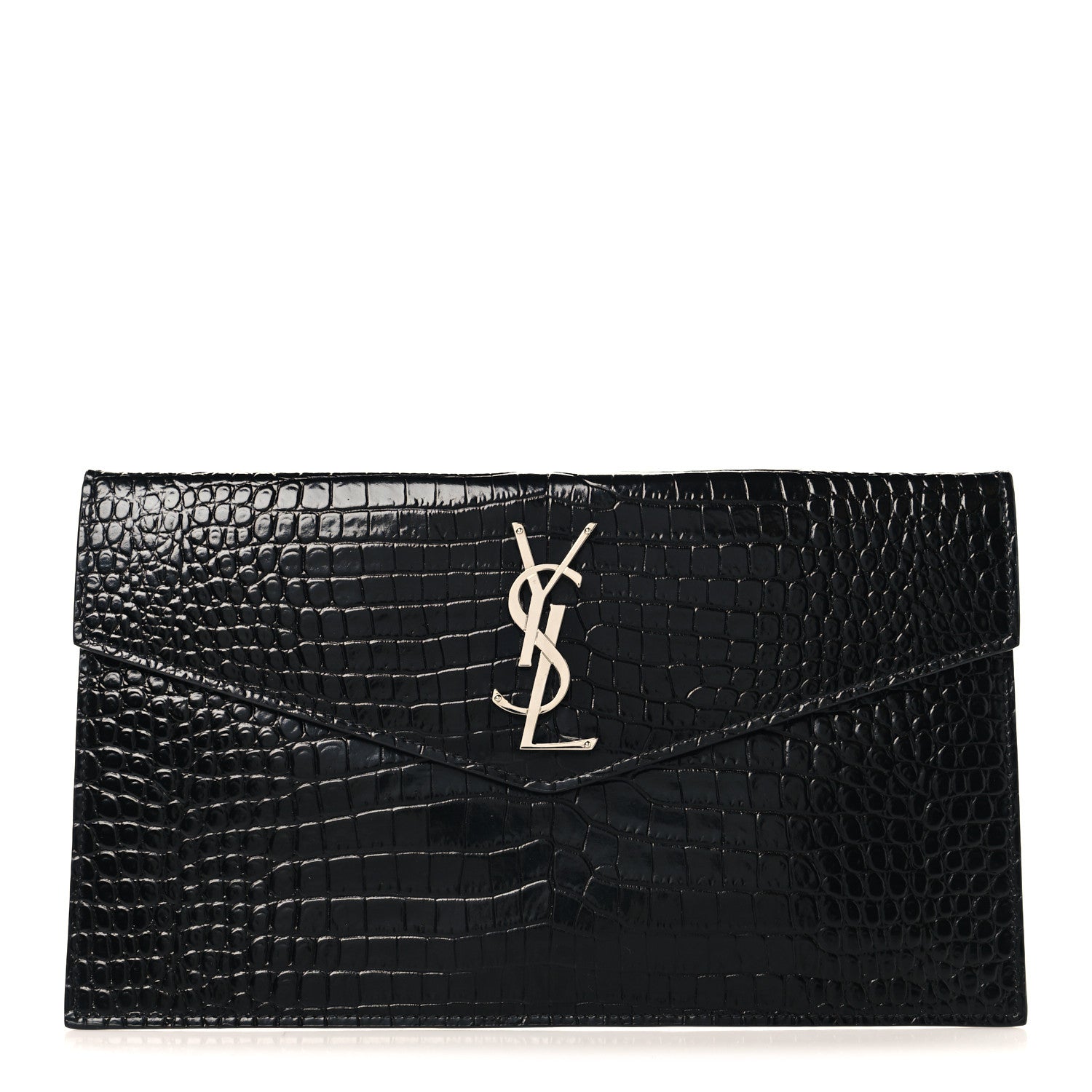Saint Laurent Calfskin Crocodile Embossed Uptown Monogram Pouch Black 1 of 7