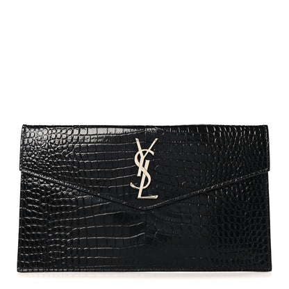 Saint Laurent Calfskin Crocodile Embossed Uptown Monogram Pouch Black 1 of 7