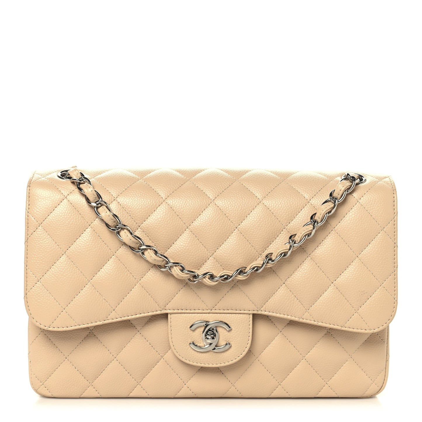 Caviar Quilted Jumbo Double Flap Beige