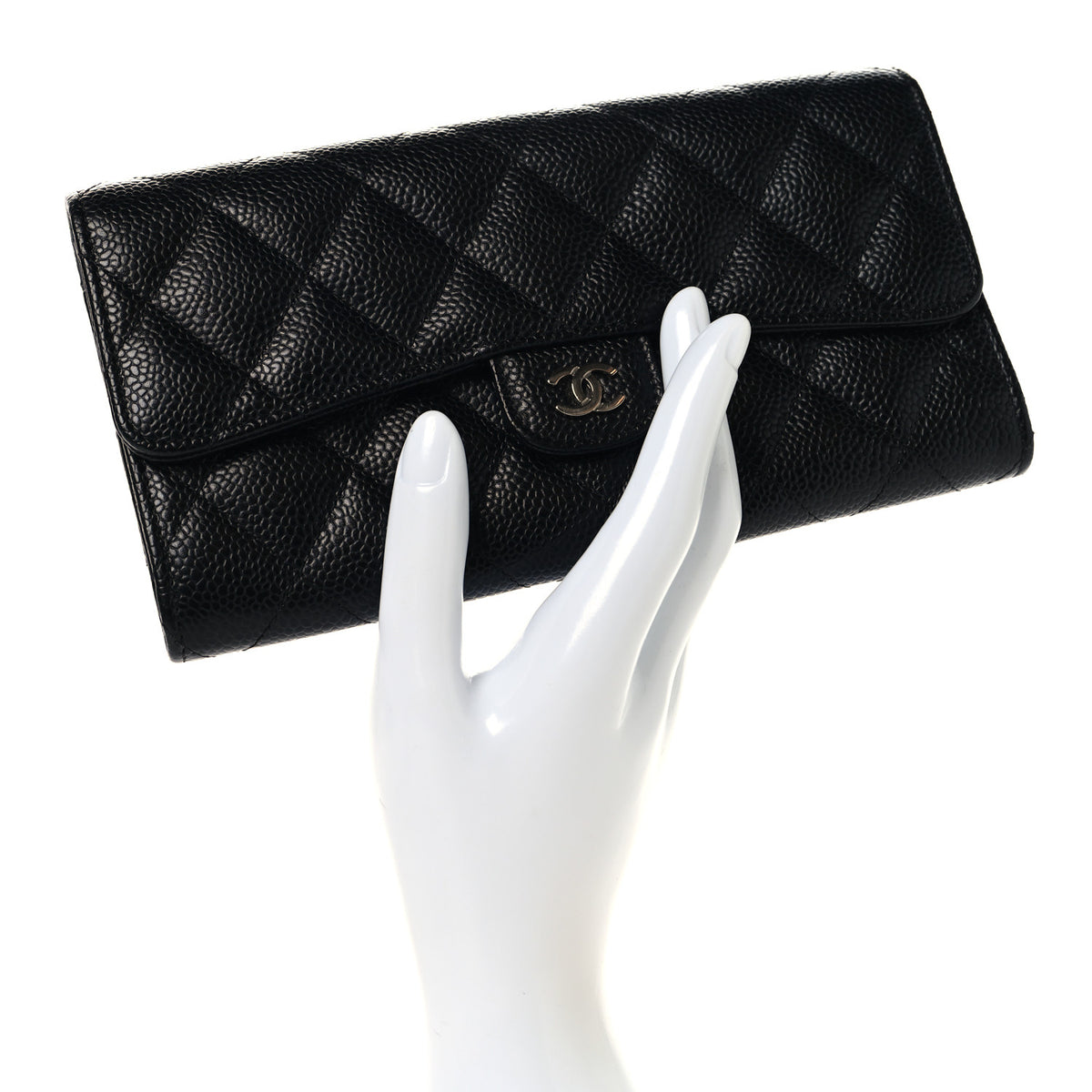 Caviar Quilted Large Gusset Flap Wallet Black
