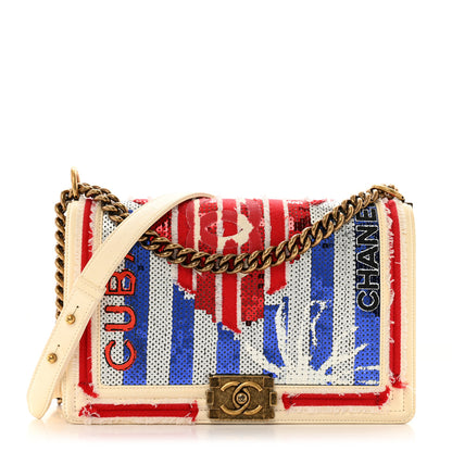 Chanel Sequin Canvas New Medium Cuba Boy Flap White Blue Red 1 of 14