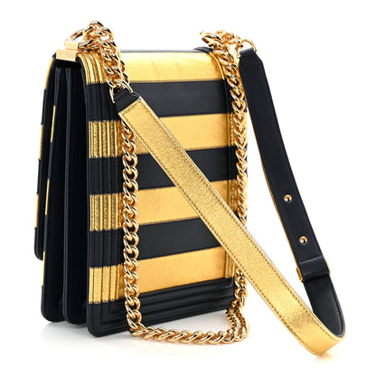 Chanel Metallic Lambskin Striped North South Boy Flap Navy Gold 3 of 10