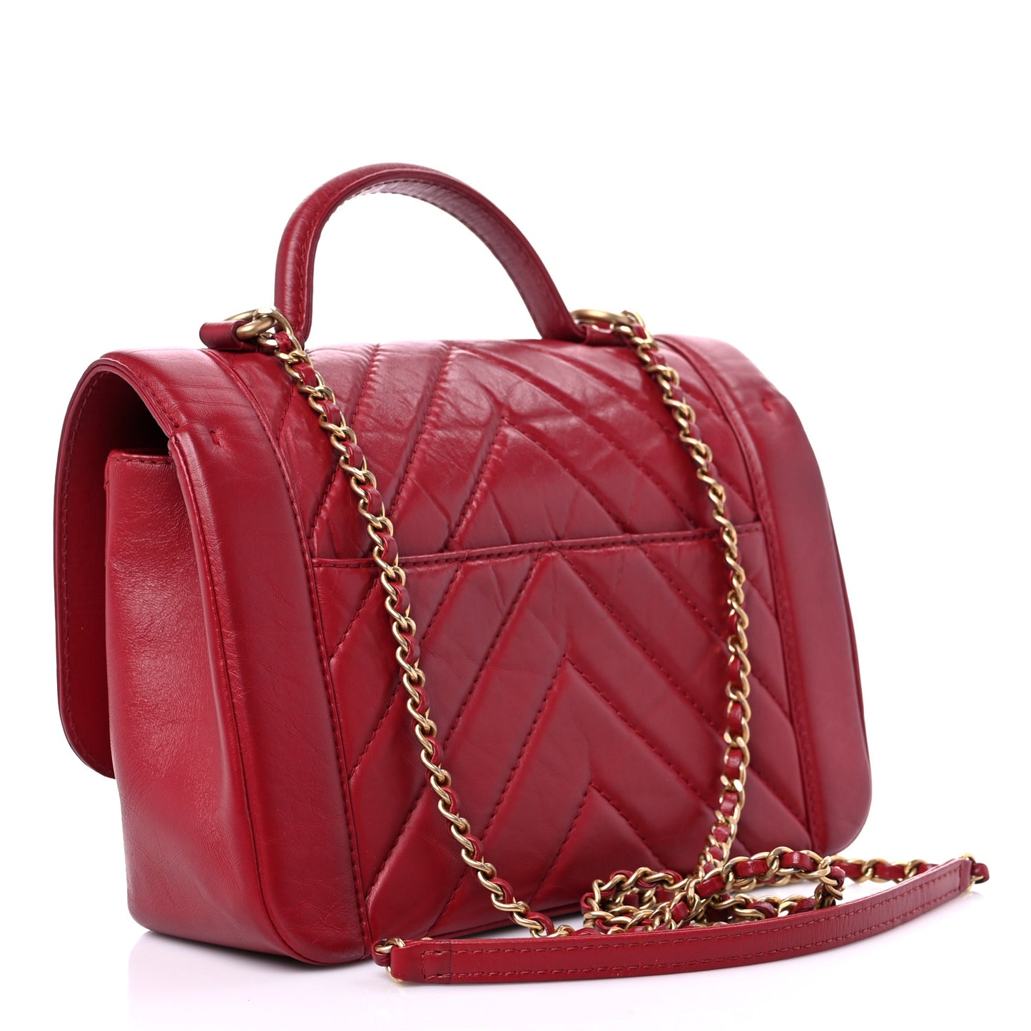 Calfskin Chevron Quilted Top Handle Flap Red