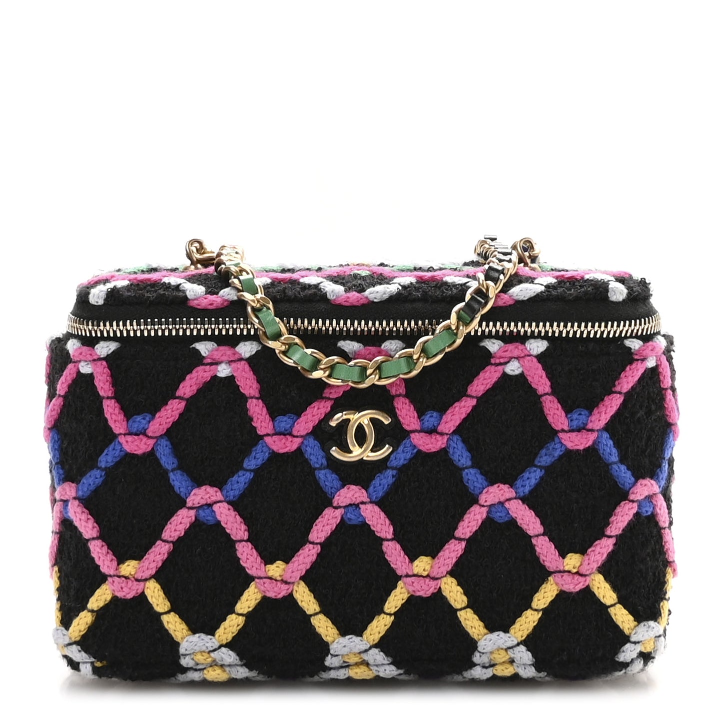 Tweed Diamond Threaded CC Pearl Crush Small Vanity Case With Chain Black Multicolor