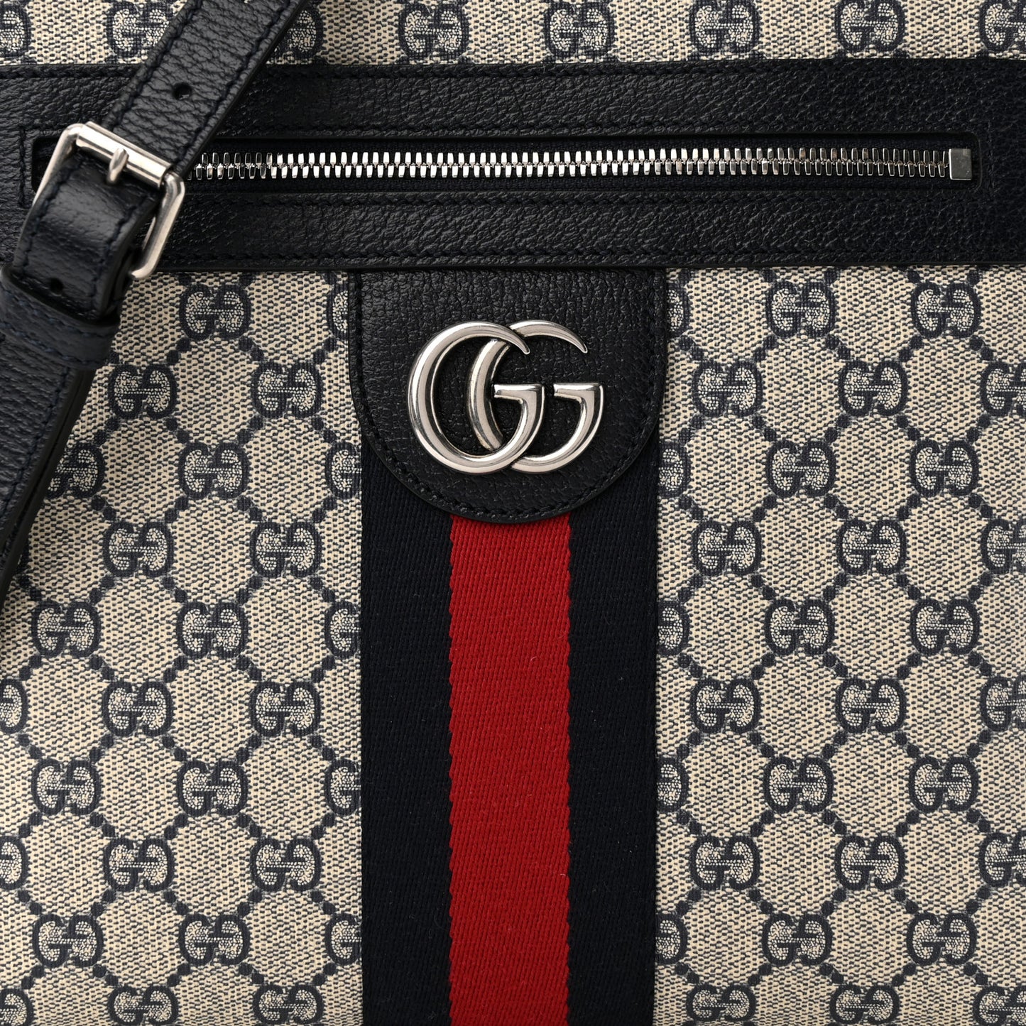 GG Supreme Monogram Textured Dollar Calfskin Web Small Ophidia Messenger Bag Beige Blue