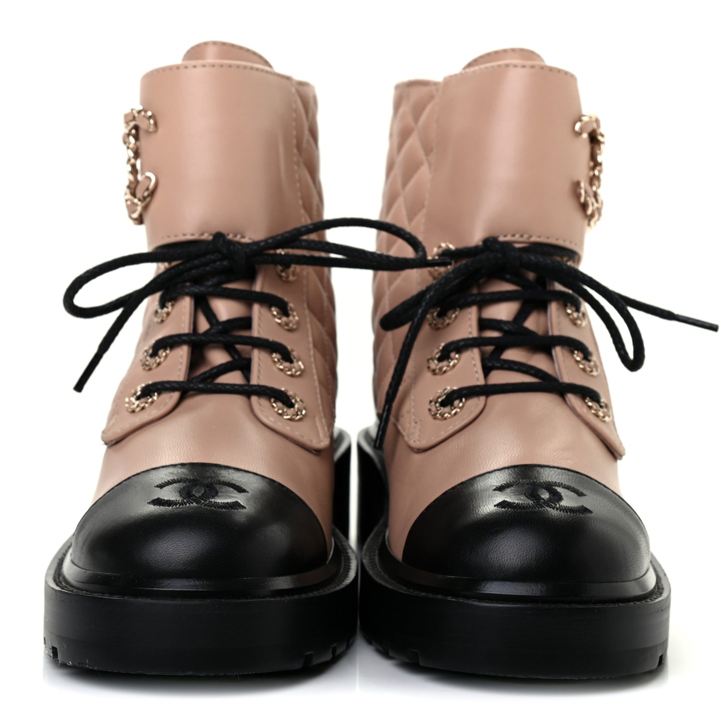 Shiny Lambskin Quilted Lace Up Combat Boots 37.5 Beige Black