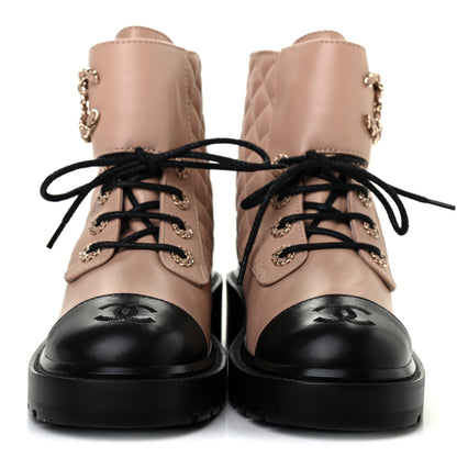 Chanel Shiny Lambskin Quilted Lace Up Combat Boots 37.5 Beige Black 2 of 7