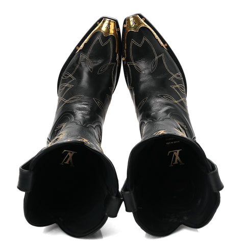 Calfskin LV Texan Mens Rider Boots 7.5 Black Gold